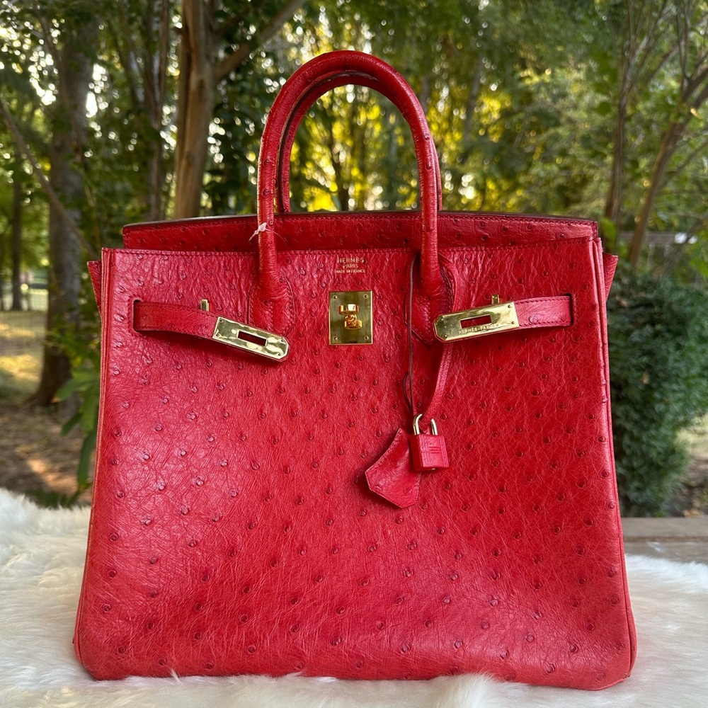 SOLD! Hermes ostrich Birkin in rouge vif gold hardware